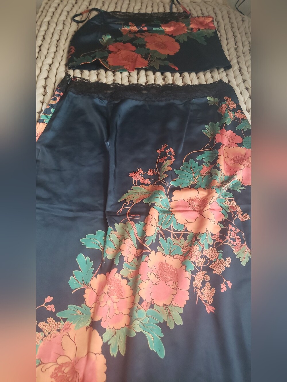 Free People Blue Floral Satin Midi Skirt Set with Black Lace Trim - Picture 3 of 8